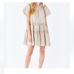 HUNTER BELL Tan Ruffled Puff Sleeve Sundress